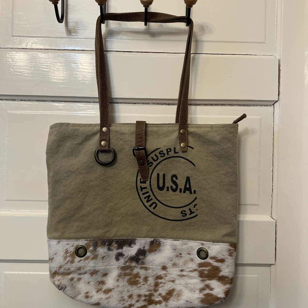 Myra Western Boho Purse Handbag Cowhide Canvas Leather Travel Tote Bag LARGE